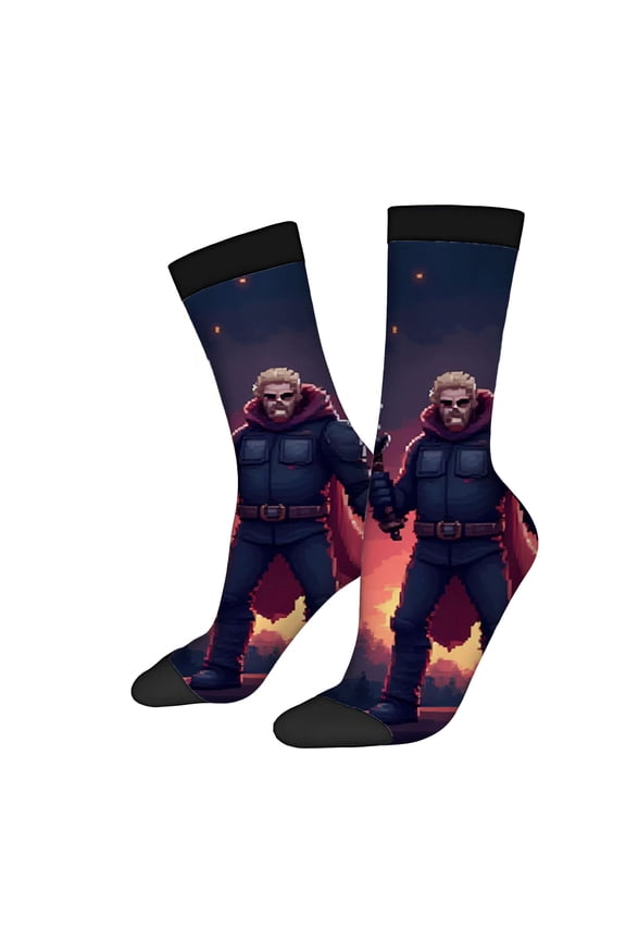 Four Seasons Universal Socks - 2 Pairs of Unisex Trendy Socks with Pixel Art Character in Dark Blue and Red Cape Sunset Design