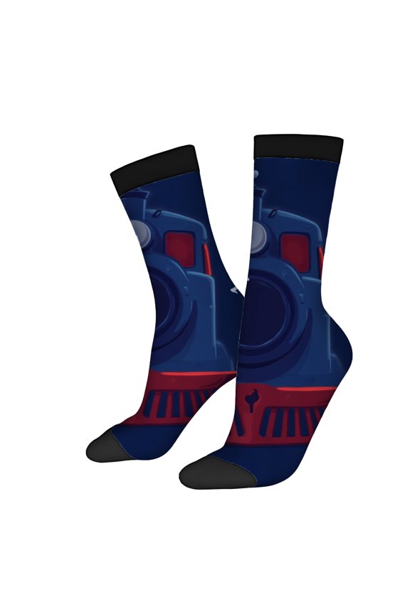 Four Seasons Universal Socks - 2 Pairs of Unisex Trendy Socks with Playful Blue Train Engine Design Red Accents & Black