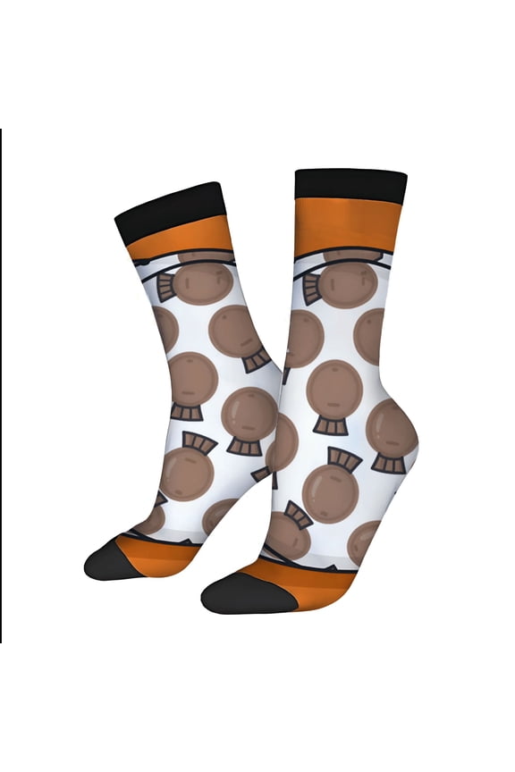 Four Seasons Universal Socks - 2 Pairs of Unisex Trendy Socks with Playful Brown Candy Fruit Pattern on White Orange & Black Bands