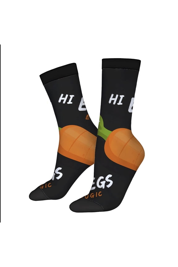 Four Seasons Universal Socks - 2 Pairs of Unisex Trendy Socks with Playful Cartoon Carrot Design and Fun ' HI ' & ' EGGS ' Text