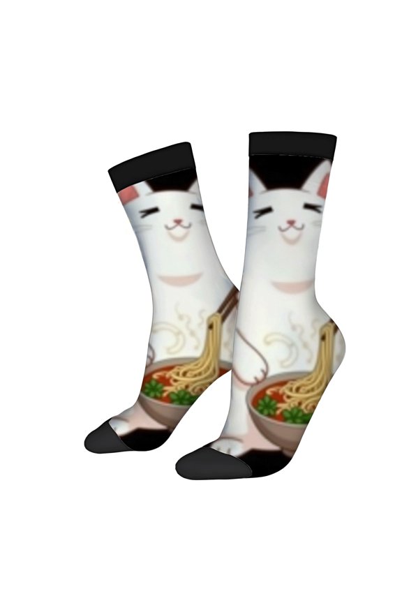 Four Seasons Universal Socks - 2 Pairs of Unisex Trendy Socks with Playful Cartoon Cat & Noodle Soup Design Mixed Colors