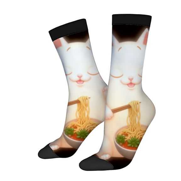 Four Seasons Universal Socks - 2 Pairs of Unisex Trendy Socks with Playful Cartoon Cat & Ramen Design Mixed Colors Fun & Stylish
