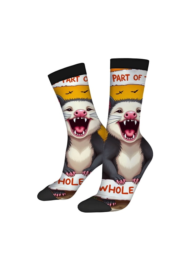 Four Seasons Universal Socks - 2 Pairs of Unisex Trendy Socks with Playful Cartoon Possum Design Sunset Background & Fun Banner