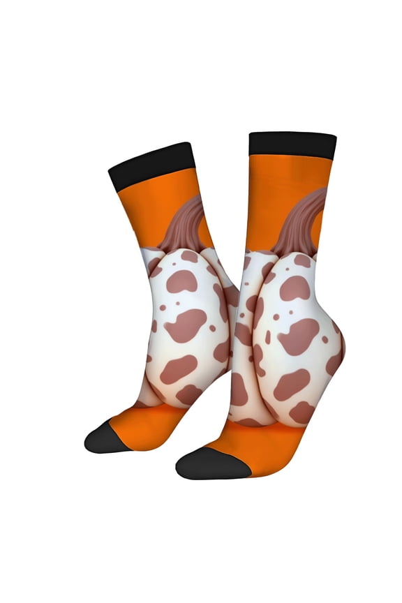 Four Seasons Universal Socks - 2 Pairs of Unisex Trendy Socks with Playful Cow Spot Design Orange and White Color Mix Black Toe Caps