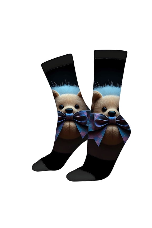 Four Seasons Universal Socks - 2 Pairs of Unisex Trendy Socks with Playful Design Blue Bow Tie on Black Background