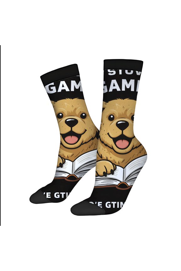 Four Seasons Universal Socks - 2 Pairs of Unisex Trendy Socks with Playful Dog Reading Design on Black Background