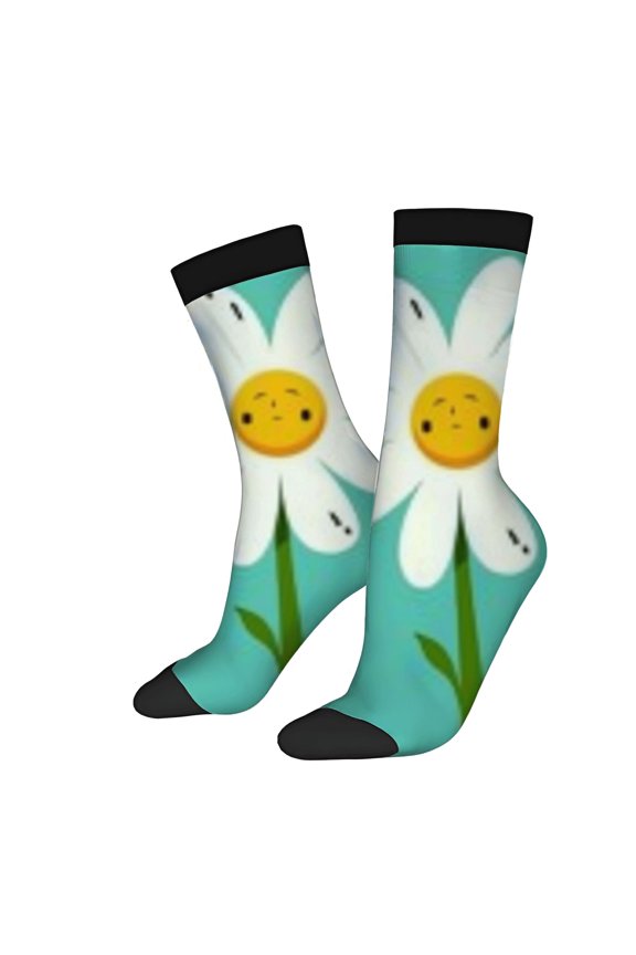 Four Seasons Universal Socks - 2 Pairs of Unisex Trendy Socks with Playful Flower Design Cheerful Yellow Faces on Light Blue Background