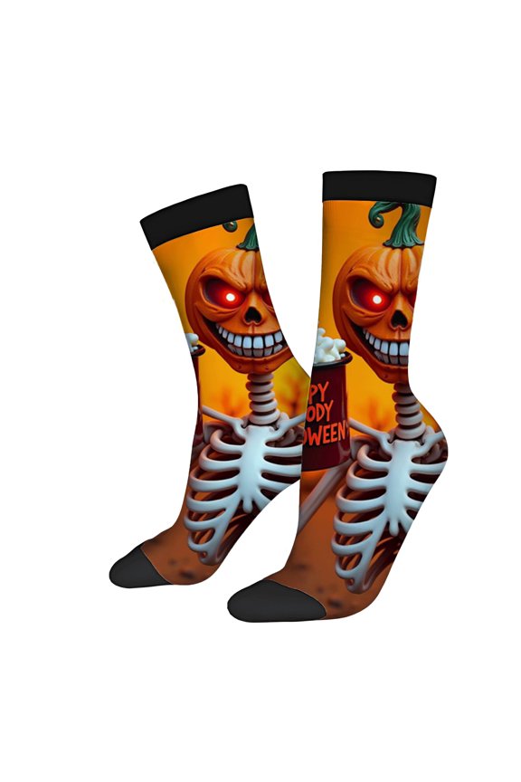 Four Seasons Universal Socks - 2 Pairs of Unisex Trendy Socks with Playful Halloween Pumpkin Design and Ribcage Pattern