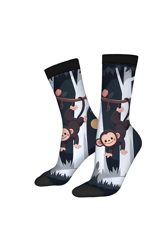 Four Seasons Universal Socks - 2 Pairs of Unisex Trendy Socks with Playful Monkey Design Forest Scene and Nighttime Vibe