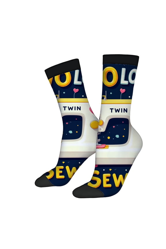 Four Seasons Universal Socks - 2 Pairs of Unisex Trendy Socks with Playful Sewing Machine Design Colorful Hearts & Stars on Dark Blue