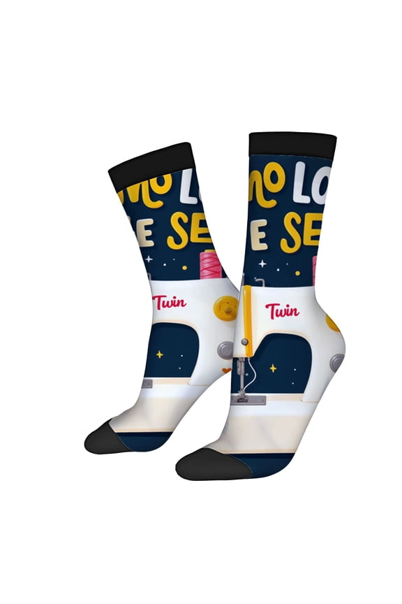 Four Seasons Universal Socks - 2 Pairs of Unisex Trendy Socks with Playful Sewing Machine Design & ' No Love No ' Text