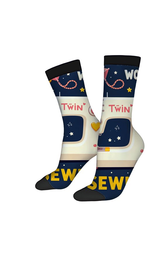 Four Seasons Universal Socks - 2 Pairs of Unisex Trendy Socks with Playful Vintage Sewing Machine Design Dark Blue Background Mixed Colors