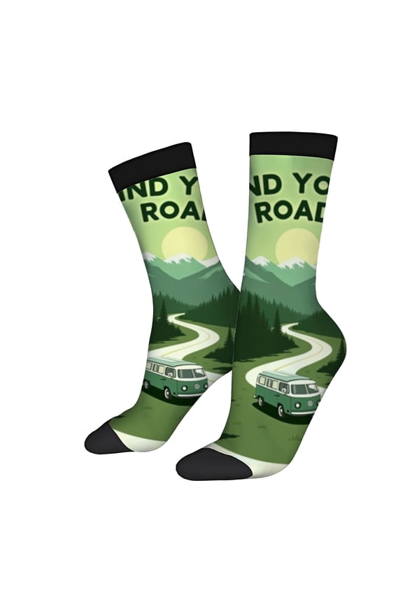 Four Seasons Universal Socks - 2 Pairs of Unisex Trendy Socks with Scenic Winding Road Vintage Van Landscape Design
