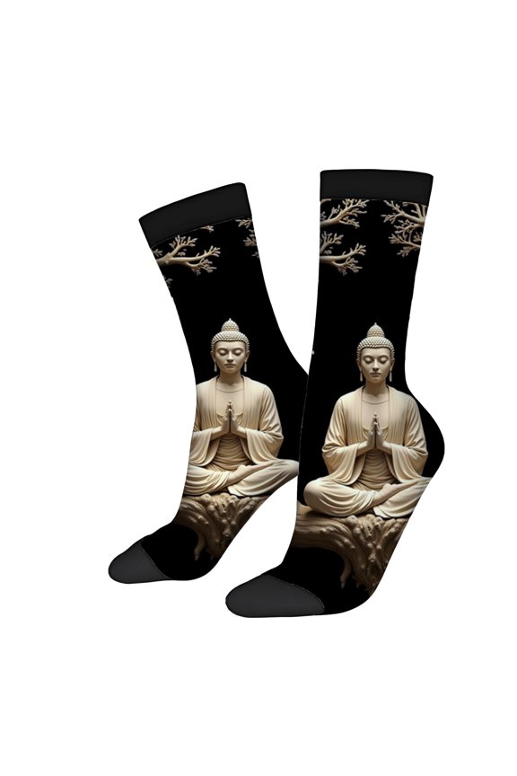 Four Seasons Universal Socks - 2 Pairs of Unisex Trendy Socks with Serene Meditating Statue Design & Nature Elements