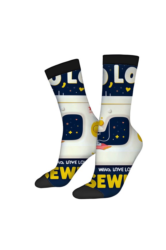 Four Seasons Universal Socks - 2 Pairs of Unisex Trendy Socks with Sewing Machine Design Dark Blue Background Yellow Stars & Hearts