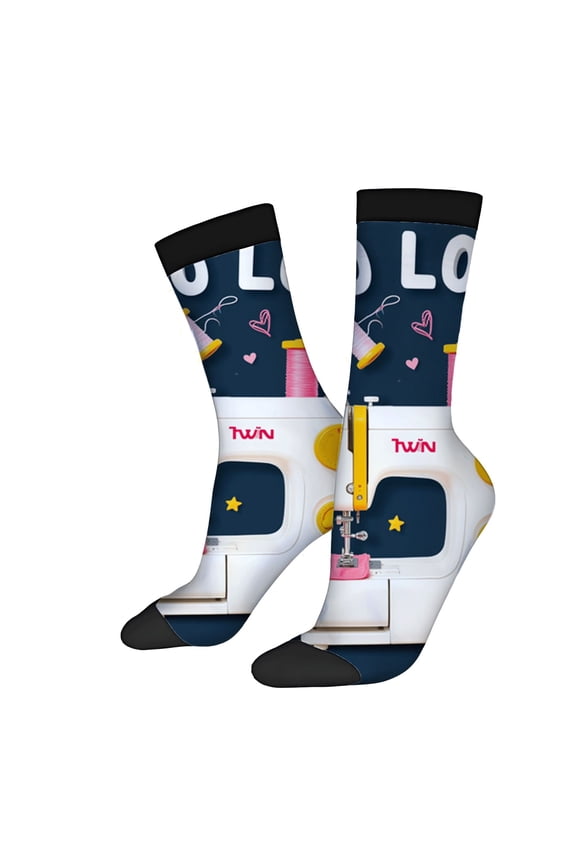 Four Seasons Universal Socks - 2 Pairs of Unisex Trendy Socks with Sewing Machine Design Dark Blue with Hearts & Spools