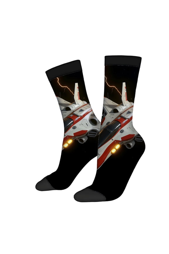 Four Seasons Universal Socks - 2 Pairs of Unisex Trendy Socks with Space-Themed Design Featuring Spaceships and Lightning Bolts