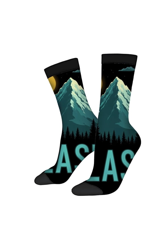 Four Seasons Universal Socks - 2 Pairs of Unisex Trendy Socks with Stunning Mountain Landscape Design Night Sky & ' Alaska ' Print
