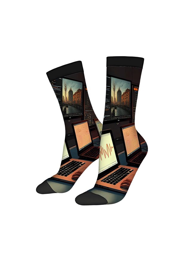Four Seasons Universal Socks - 2 Pairs of Unisex Trendy Socks with Tech-Inspired Design: Computer Setup & Cityscape Pattern