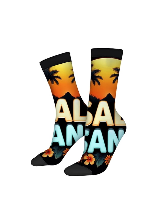 Four Seasons Universal Socks - 2 Pairs of Unisex Trendy Socks with Tropical Sunset Palm Trees and Bold ' ALASKA ' Design