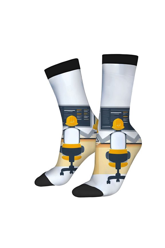 Four Seasons Universal Socks - 2 Pairs of Unisex Trendy Socks with Unique Workspace Design: Yellow Hat & Computer Graphic