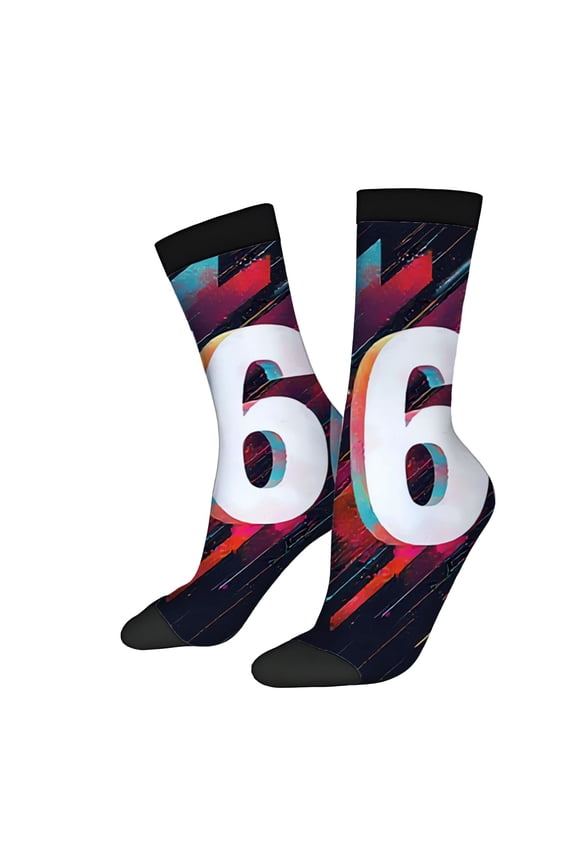 Four Seasons Universal Socks - 2 Pairs of Unisex Trendy Socks with Vibrant Abstract Design and Bold Number " 6 " in Colorful Streaks