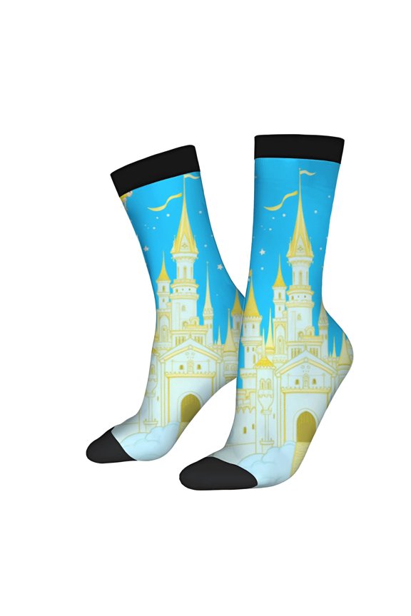 Four Seasons Universal Socks - 2 Pairs of Unisex Trendy Socks with Vibrant Blue Background and Golden Castle Design Black Accents