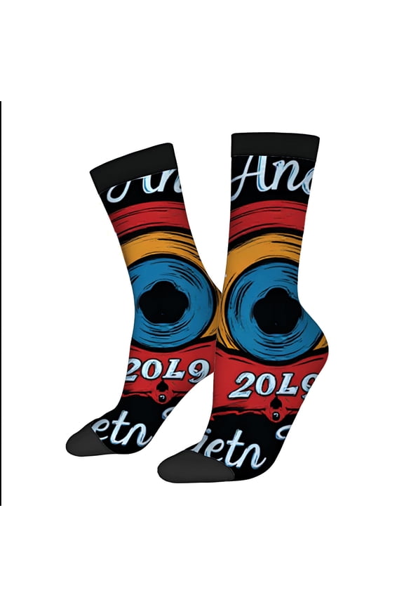 Four Seasons Universal Socks - 2 Pairs of Unisex Trendy Socks with Vibrant Blue Camera Lens Design on Red & Yellow Background