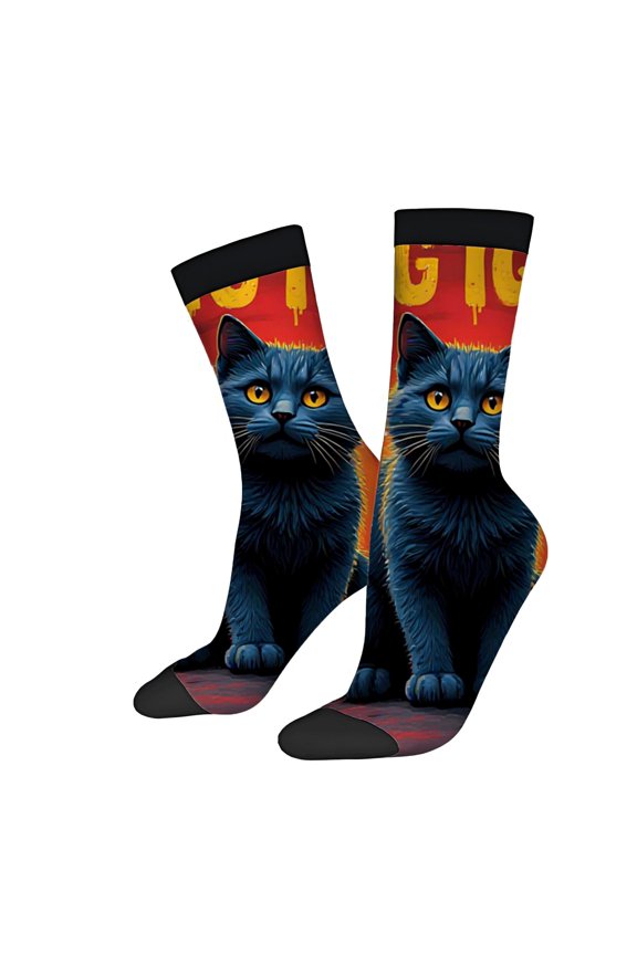 Four Seasons Universal Socks - 2 Pairs of Unisex Trendy Socks with Vibrant Blue Cat Design Bold Red & Yellow Gradient ' MAGIC ' Print