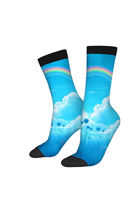 Four Seasons Universal Socks - 2 Pairs of Unisex Trendy Socks with Vibrant Blue Sky Fluffy Clouds Colorful Rainbow & Blue Flowers Design
