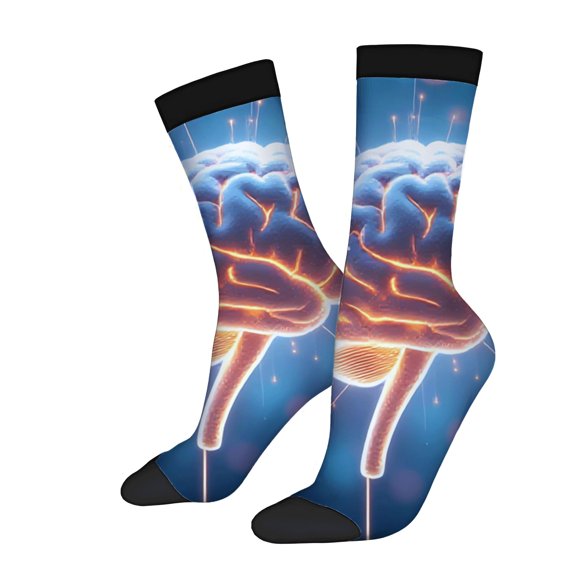 Four Seasons Universal Socks - 2 Pairs of Unisex Trendy Socks with Vibrant Brain Design in Blue & Orange on Dark Background