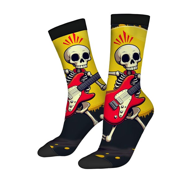 Four Seasons Universal Socks - 2 Pairs of Unisex Trendy Socks with Vibrant Cartoon Skeleton Guitar Design on Background