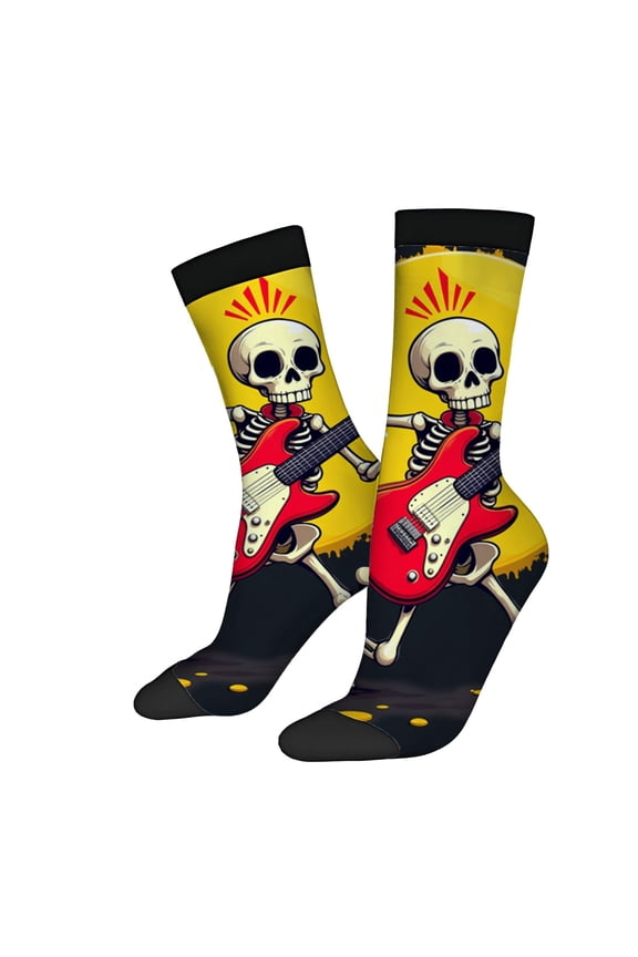 Four Seasons Universal Socks - 2 Pairs of Unisex Trendy Socks with Vibrant Cartoon Skeleton Guitar Design on Background