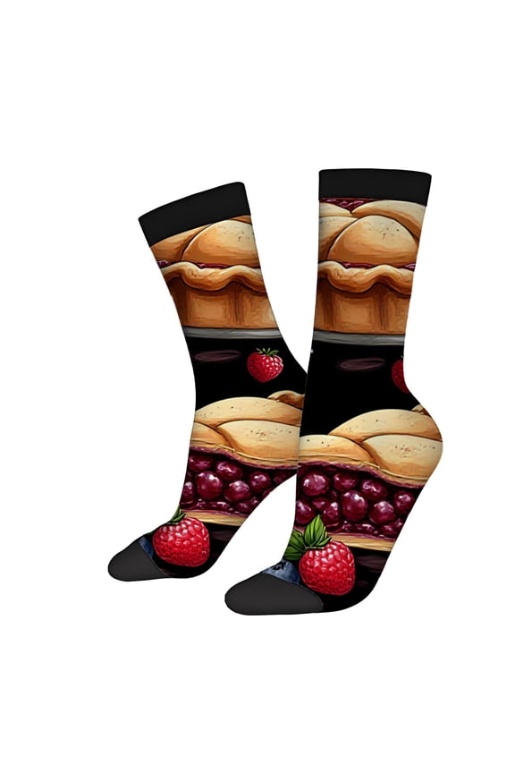 Four Seasons Universal Socks - 2 Pairs of Unisex Trendy Socks with Vibrant Cherry & Strawberry Pie Design on Black Background