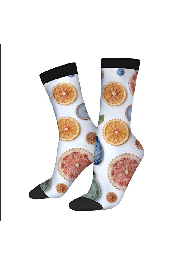 Four Seasons Universal Socks - 2 Pairs of Unisex Trendy Socks with Vibrant Citrus Fruit Design on Black Cuff Perfect for Any Season