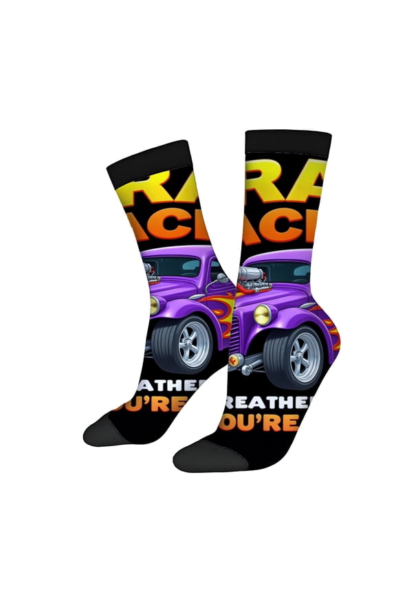 Four Seasons Universal Socks - 2 Pairs of Unisex Trendy Socks with Vibrant Design Flames & Bold ' RAIN RACE ' Text