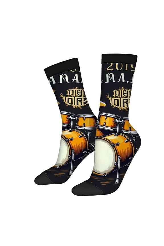 Four Seasons Universal Socks - 2 Pairs of Unisex Trendy Socks with Vibrant Drum Set Design in Black Orange and Yellow