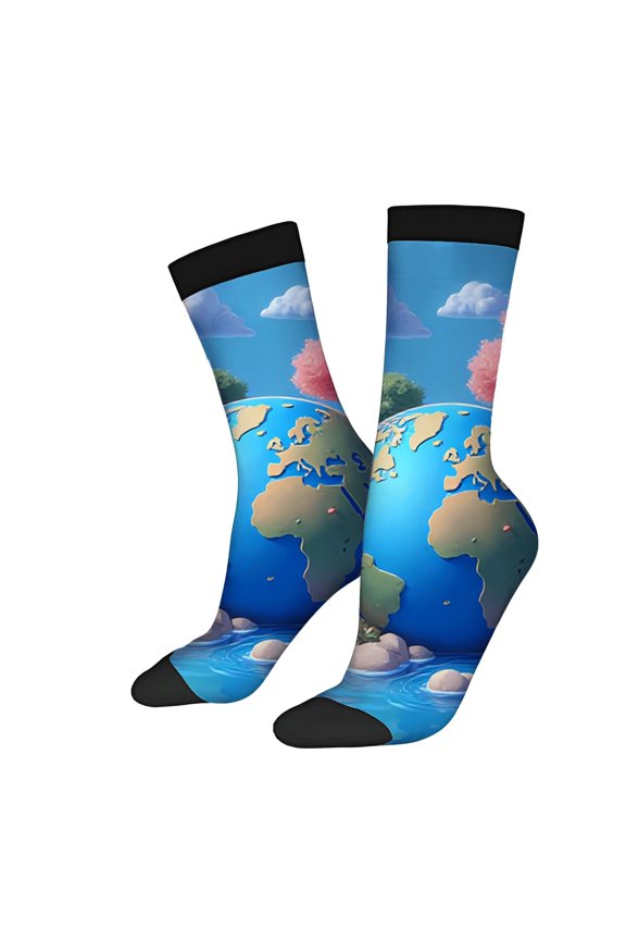 Four Seasons Universal Socks - 2 Pairs of Unisex Trendy Socks with Vibrant Earth Design Colorful Continents & Nature Elements