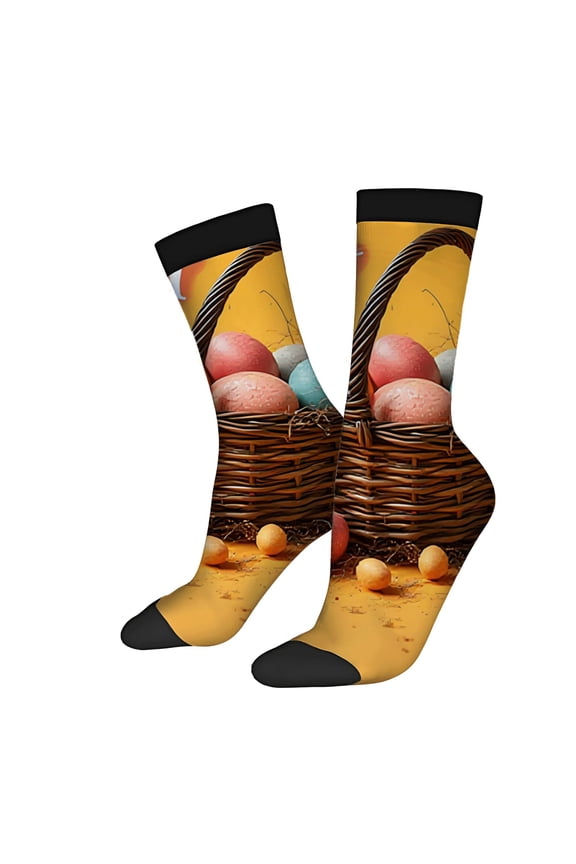 Four Seasons Universal Socks - 2 Pairs of Unisex Trendy Socks with Vibrant Easter Egg Basket Design on Cheerful Yellow Background