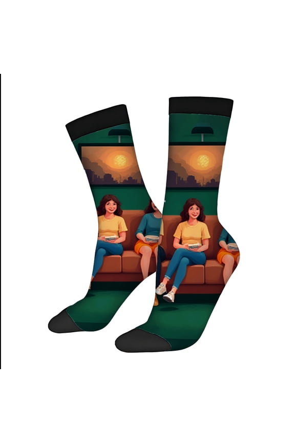 Four Seasons Universal Socks - 2 Pairs of Unisex Trendy Socks with Vibrant Gaming Couch Design Sunset Skyline and Colorful Patterns