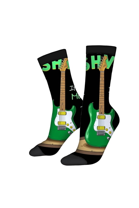 Four Seasons Universal Socks - 2 Pairs of Unisex Trendy Socks with Vibrant Green Electric Guitar Design Black Base and Fun Music Theme