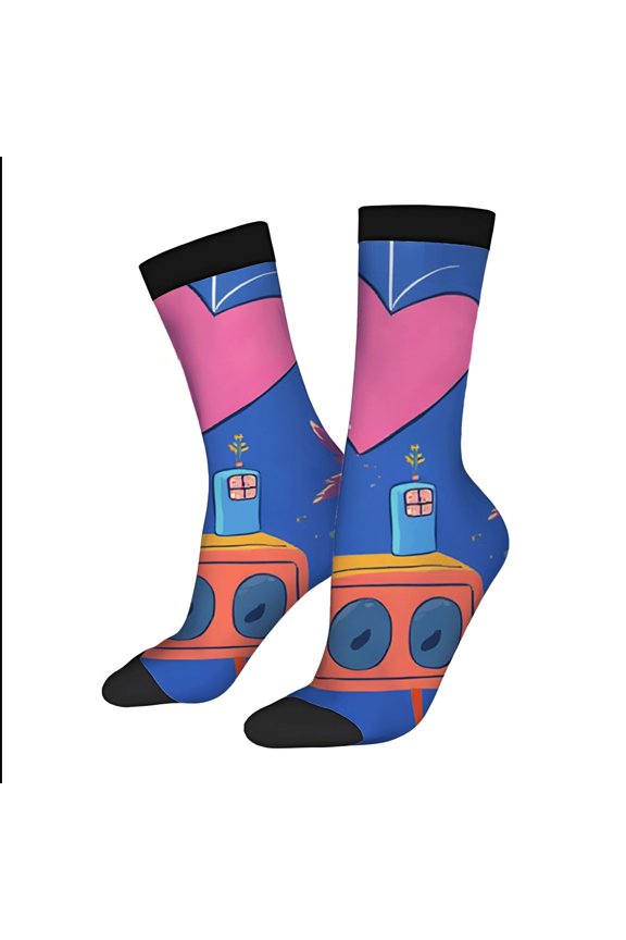 Four Seasons Universal Socks - 2 Pairs of Unisex Trendy Socks with Vibrant Heart & Whimsical Train Design on Blue Background
