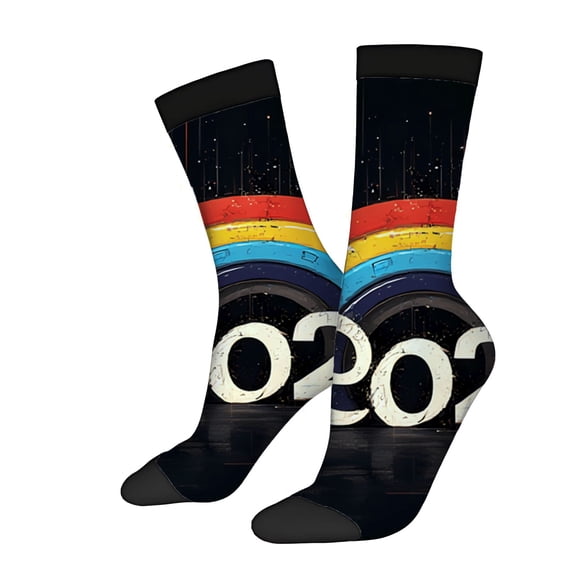 Four Seasons Universal Socks - 2 Pairs of Unisex Trendy Socks with Vibrant Horizontal Stripes in Red Yellow and Blue Featuring Bold ' 2021 ' Design