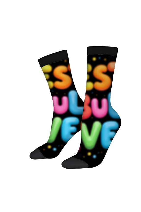 Four Seasons Universal Socks - 2 Pairs of Unisex Trendy Socks with Vibrant ' JUSTICEFUL ' Multicolored Letter Design on Black Base