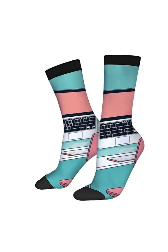 Four Seasons Universal Socks - 2 Pairs of Unisex Trendy Socks with Vibrant Laptop Design in Pink and Teal Perfect for Tech Lovers
