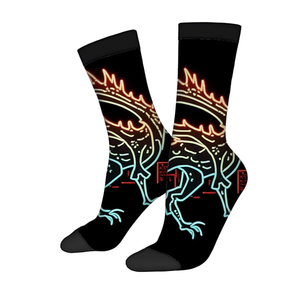 Four Seasons Universal Socks - 2 Pairs of Unisex Trendy Socks with Vibrant Neon Mythical Creature Design on Black Background