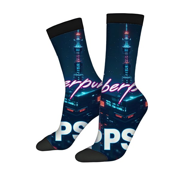 Four Seasons Universal Socks - 2 Pairs of Unisex Trendy Socks with Vibrant Nighttime Cityscape Design and Stylish ' Perpubers ' Text