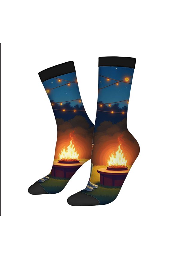 Four Seasons Universal Socks - 2 Pairs of Unisex Trendy Socks with Vibrant Nighttime Fire Scene Cozy Lights & Starry Sky Design