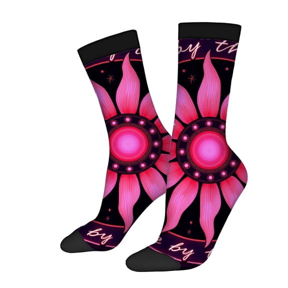 Four Seasons Universal Socks - 2 Pairs of Unisex Trendy Socks with Vibrant Pink Flower Pattern on Black Background Stylish & Fun