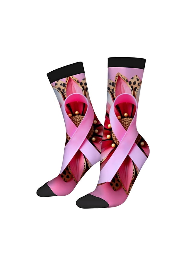 Four Seasons Universal Socks - 2 Pairs of Unisex Trendy Socks with Vibrant Pink Ribbon Floral Patterns Spots on Black